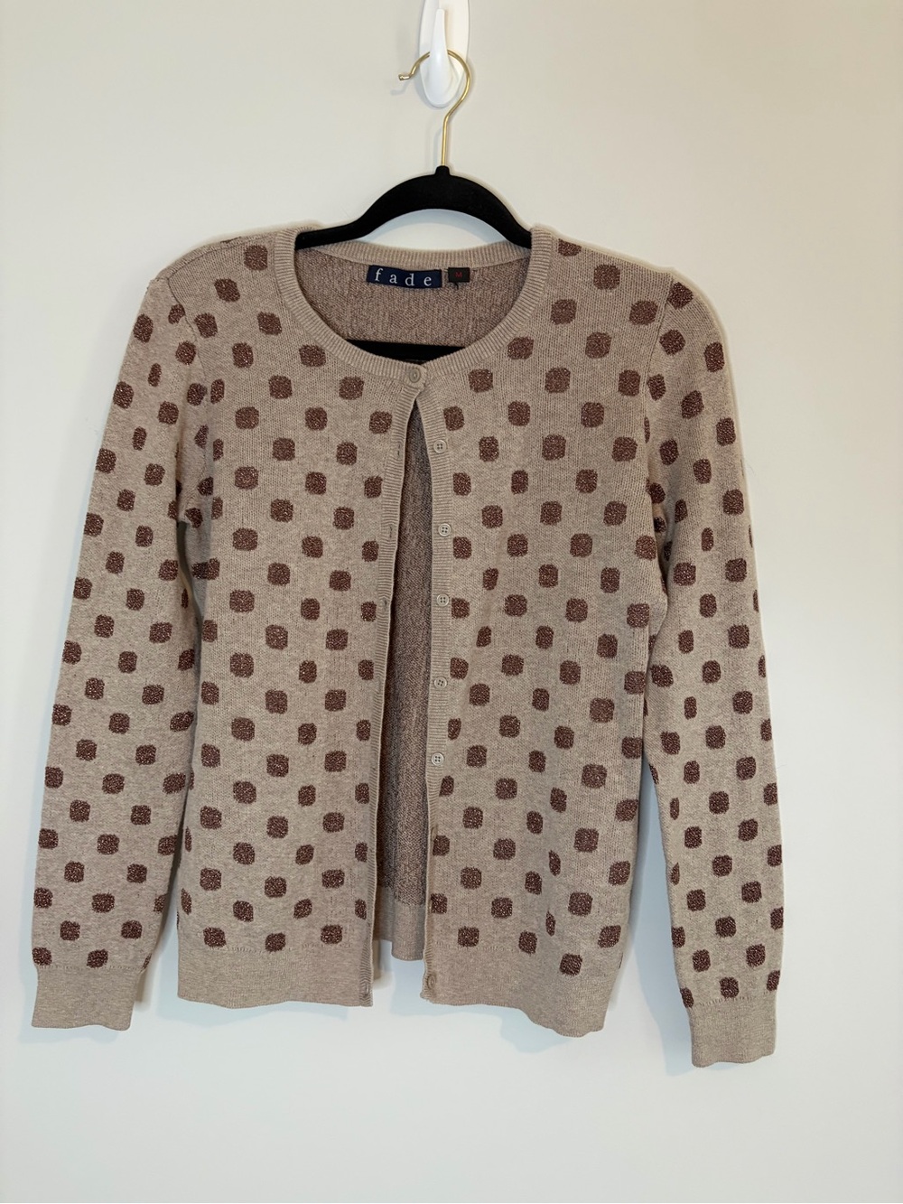 FADE Women's Tan Button Front Cardigan with Brown Metallic Squares